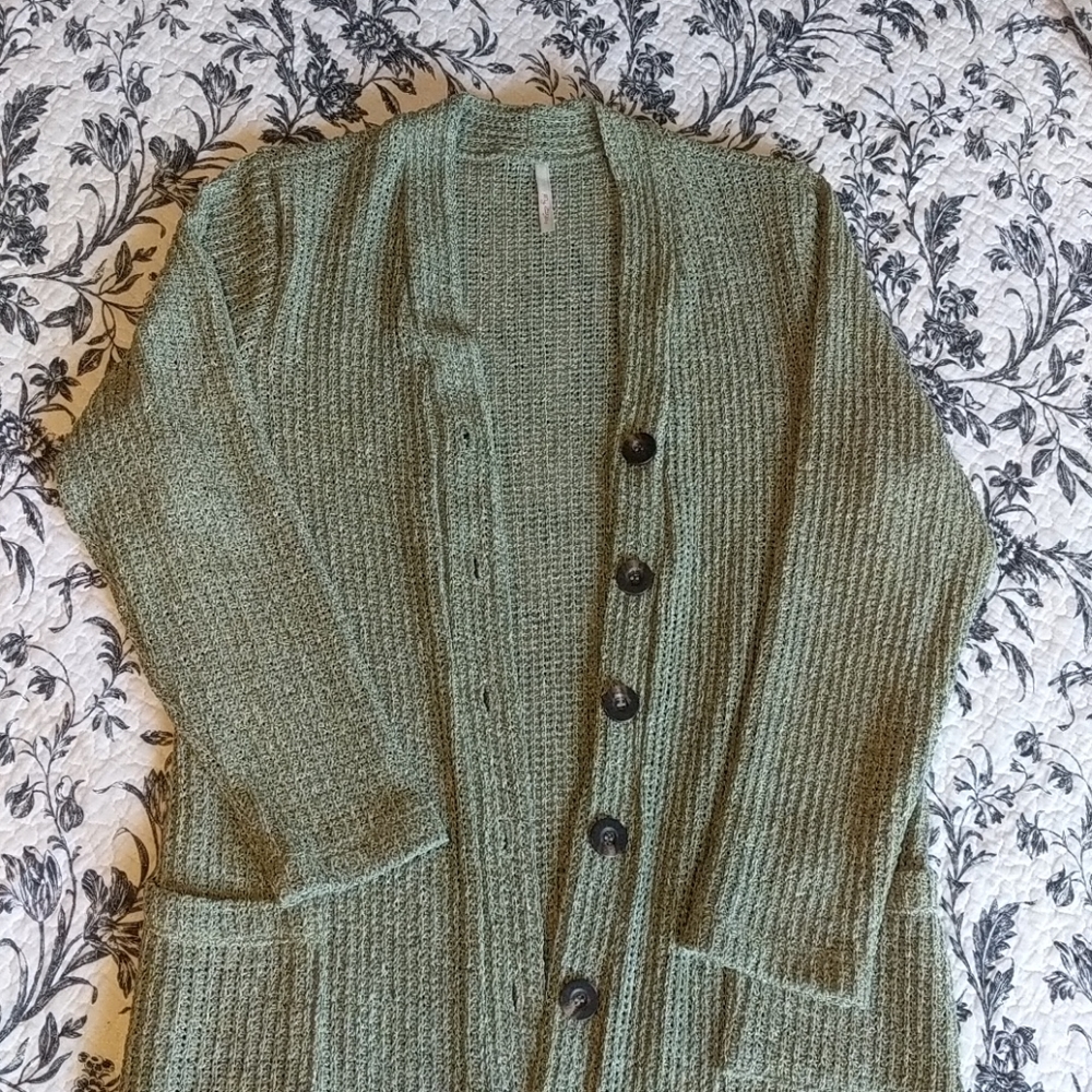 Light Green Open Knit Long Cardigan
